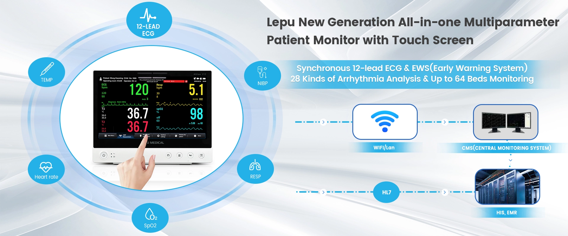 Lepu Medical AiView V12, monitor portátil todo en uno de signos vitales, monitor de diagnóstico de análisis de IA, monitor de paciente multiparámetro con pantalla táctil para el hogar clínico de la UCI del hospital